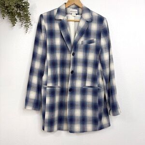 VINTAGE • Blue plaid linen long line blazer